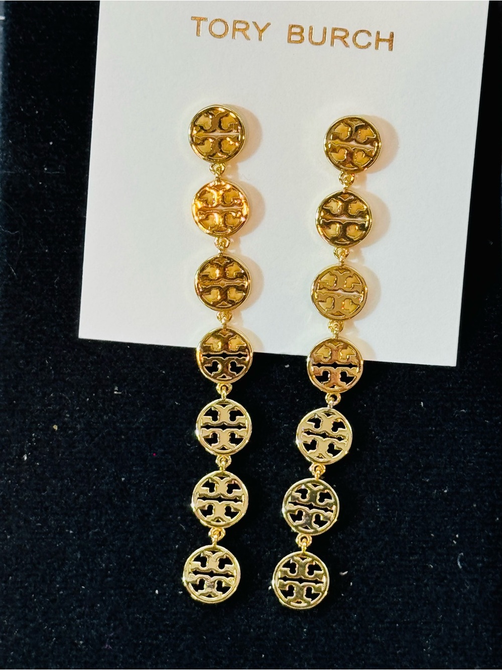 NWT Tory Burch Gold Tone Miller Long Linear Double T Logo Disc Drop Earrings